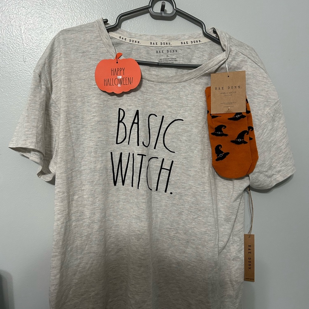 Rae Dunn Gray T-Shirt with Orange Witch Hat Socks